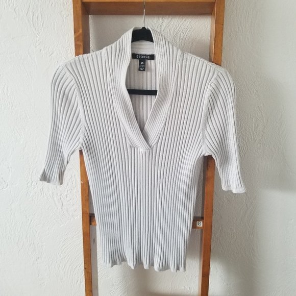 George Light Grey Ribbed V Neck Top Sz L - Picture 1 of 3